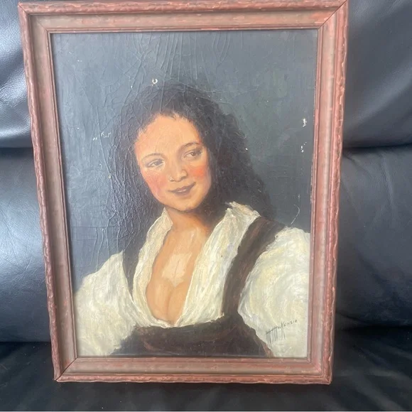 Reproduction Painting Portrait Gypsy Woman Bohemian Artist Signed VTG Framed